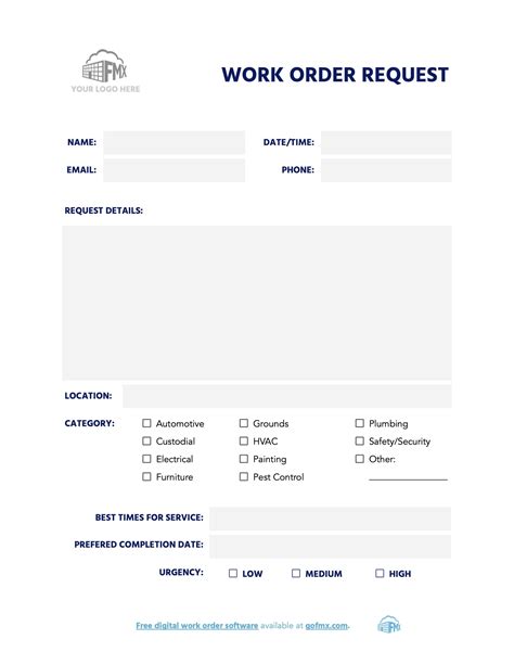 Free Printable Fillable Maintenancework Order Form Printable Forms
