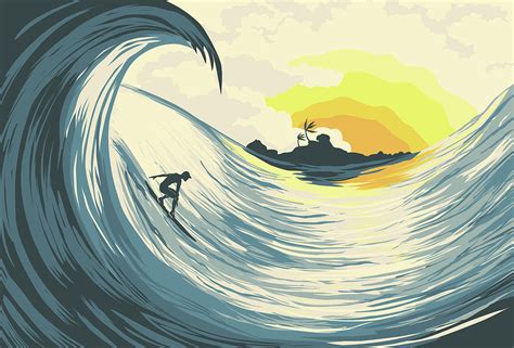 Tropical Island Wave And Surfer At Sunset Drawing By Julien Fine Art