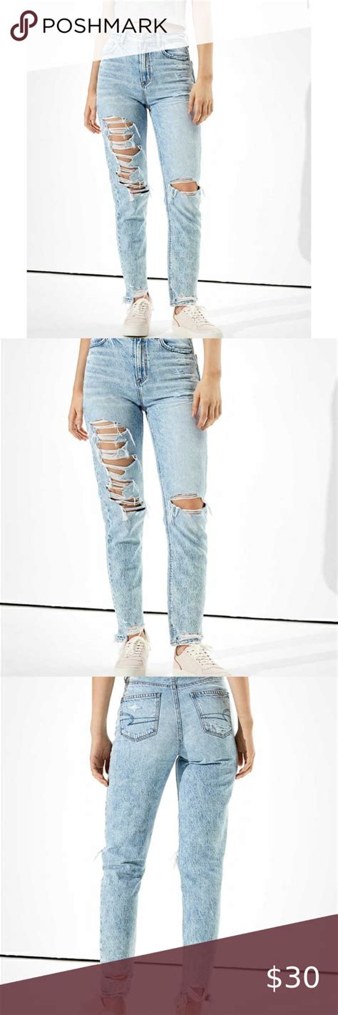 Ae Hi Rise Ripped Mom Jean Light Wash Destroyed Ripped Mom Jeans Mom