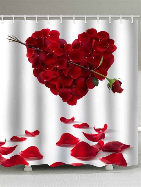 Valentine Red Roses Waterproof Fabric Shower Curtain Set Romantic Garden Scenery