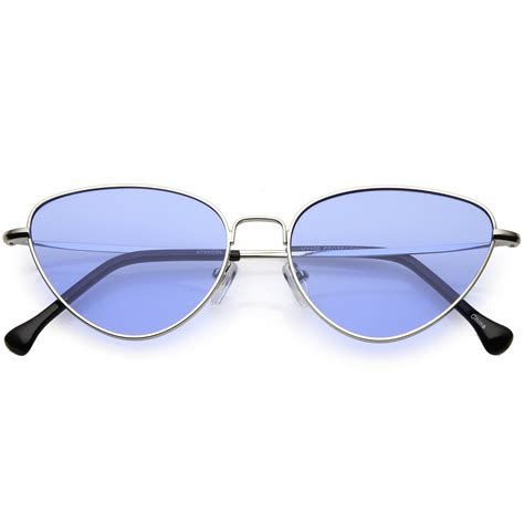 Women S Slim Metal Cat Eye Sunglasses Color Tinted Flat Lens 54mm Silver Blue