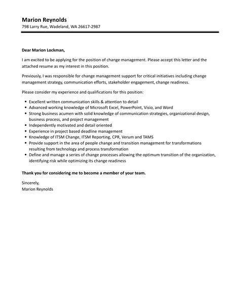 Change Management Cover Letter Examples