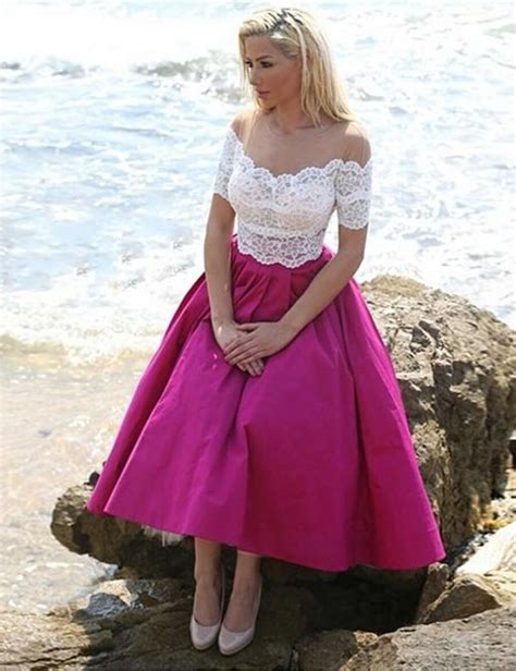 Romance Fuchsia Beach Bridesmaid Dresses Tea Length Lace Cheap Maid Of