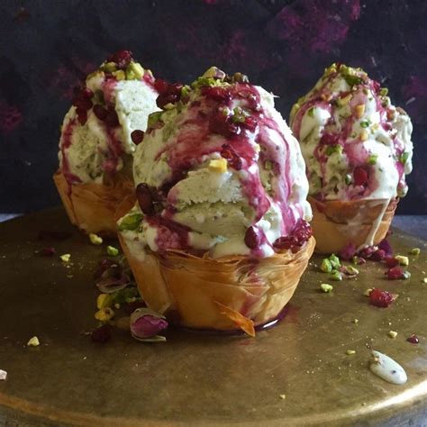 Baklava Cups Filled With Pistachio Ice Cream And Drizzled With
