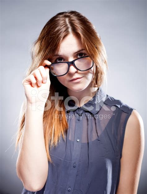 Strict Serious Young Woman Holding Nerd Glasses Stock Photos