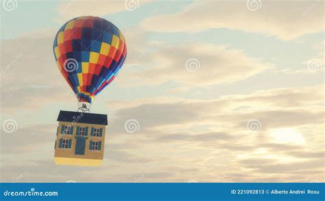 House Flying With Hot Air Balloon Stock Illustration Illustration Of