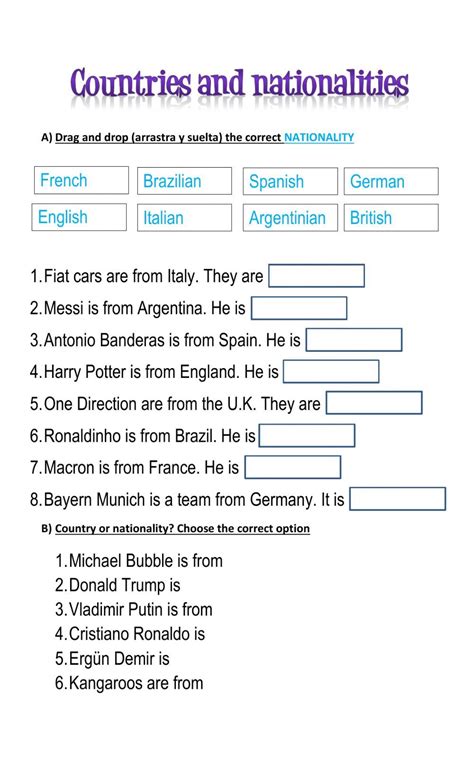 Countries And Nationalities Online Worksheet For St Year You Can Do The Exercises Online Or