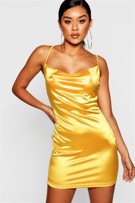 Satin Cowl Front Bodycon Dress Satin Slip Dress Bodycon Dress Yellow Bodycon Dress