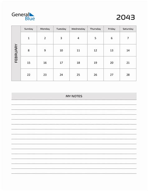 February 2043 Printable Monthly Calendar With Notes