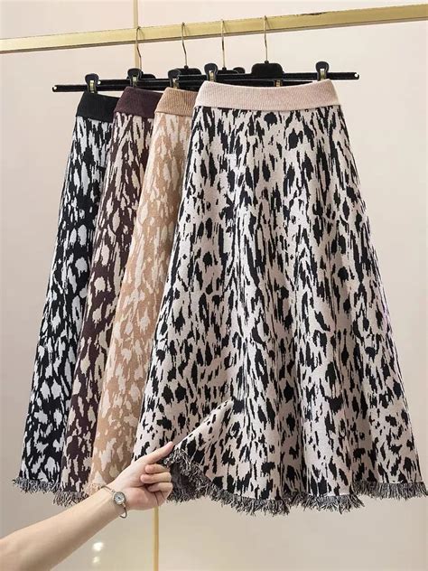 TIGENA Vintage Leopard Print Long Knitted Skirt Women 2023 Fall Winter