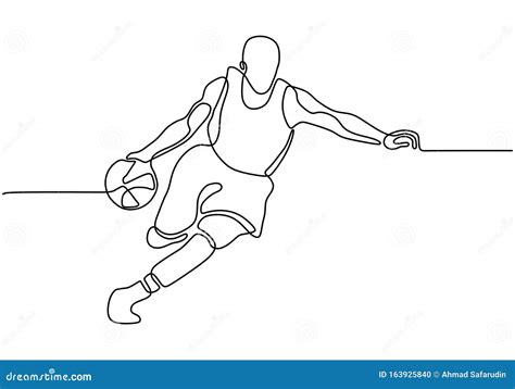 Continuous One Line Drawing Of Basketball Player Dribbling And Holding