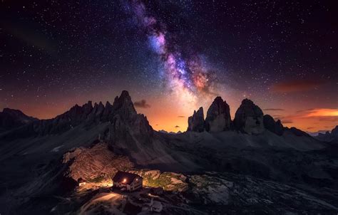 Wallpaper The Sky Light Mountains Night House Alps The Milky Way