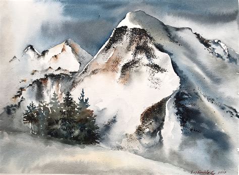 Snowy Mountains Original Watercolor Painting Artwork Etsy