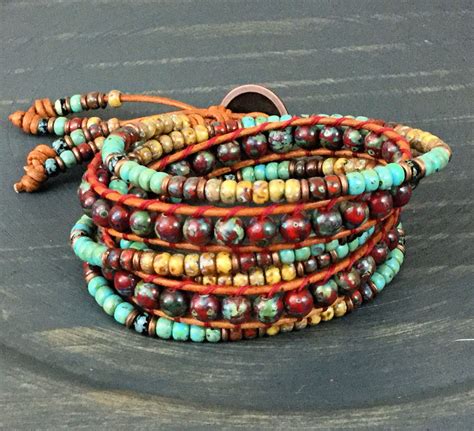 Southwest Style Leather Wrap Bracelet Beaded Double Wrap Image