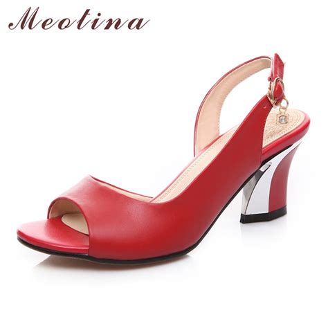 Meotina Genuine Leather Shoes Women Sandals Peep Toe High Heels Real Leather Sandals Rhinestone