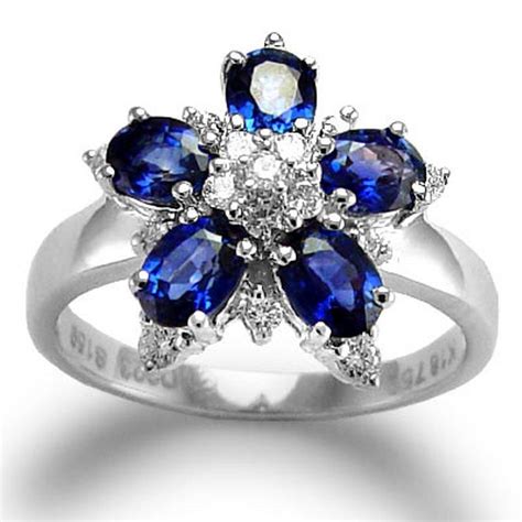 18k White Gold Natural Diamond And Sapphire Flower Ring Etsy