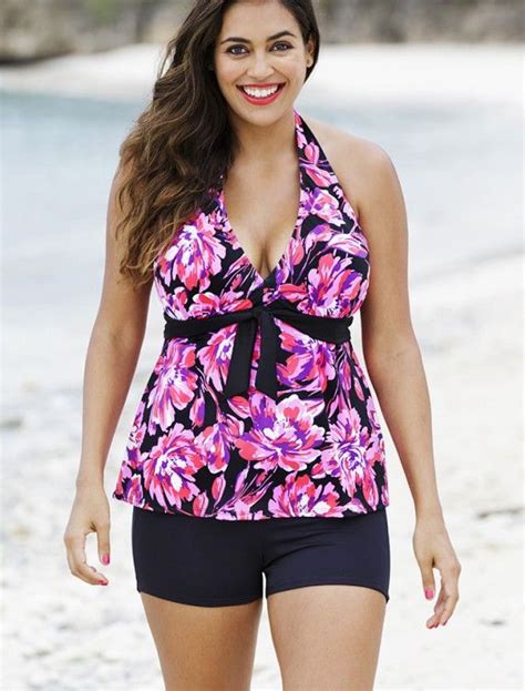 Shore Club Pink Floral Tie Front Halter Boy Shortini Plus Size