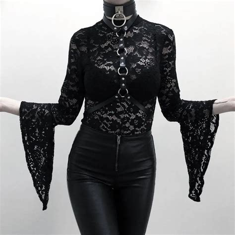 buy black lace bodysuit women sexy irregular long sleeves clubwear gothic style