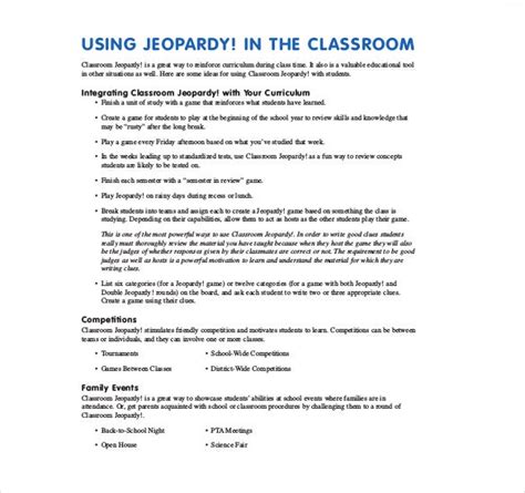 6 Classroom Jeopardy Templates Free Sample Example Format Download