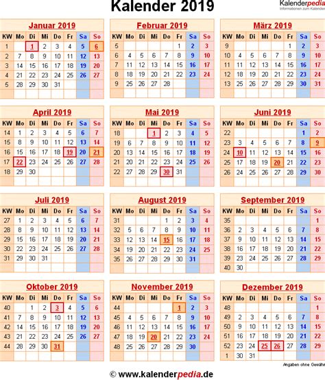 Kalender 2019 Mit Excelpdfword Vorlagen Feiertagen Ferien Kw
