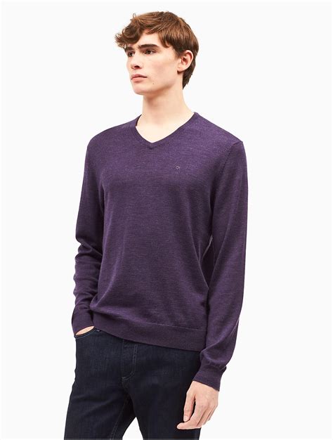 Calvin Klein Wool Merino Logo V Neck Sweater In Purple For Men Lyst