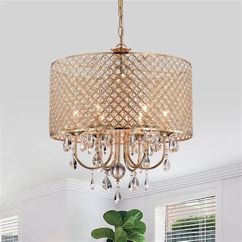 6 Light Gold Round Beaded Drum Chandelier With Hanging Crystals