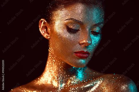 Portrait Of Beautiful Woman With Sparkles On Her Face Girl With Art