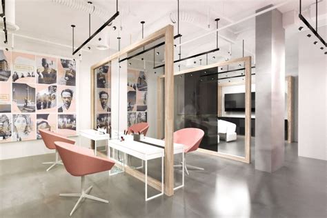 Peach Colored Chairs And Grey Wall For Superb Hair Salon Interior