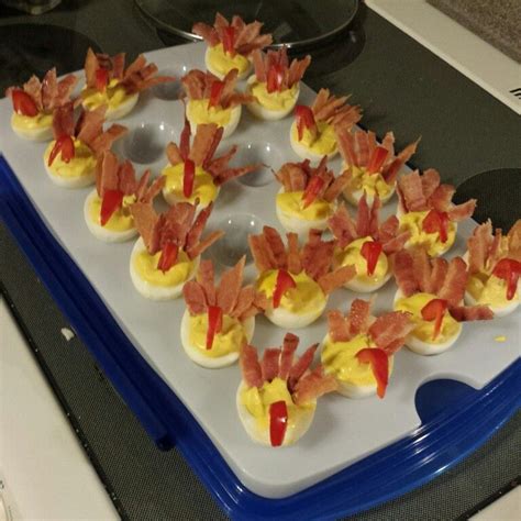 Red Pepper Bacon Deviled Eggs To Look Like Thanksgiving Turkeys Turkey