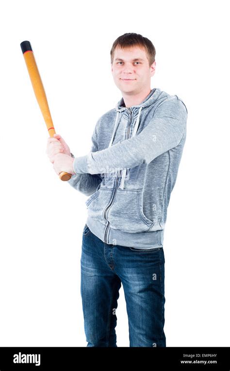 Young Man Posing With Baseball Bat On Isolation White Background Stock