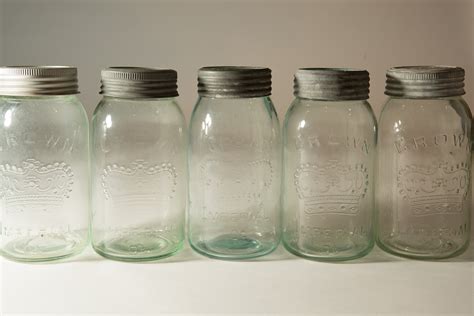 5 Vintage Crown Canning Mason Jars With Blue Glass And Zinc Lid Made