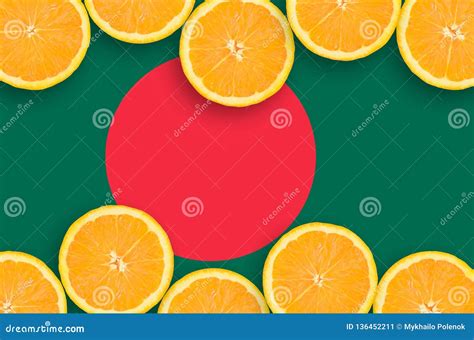 Bangladesh Flag In Citrus Fruit Slices Horizontal Frame Stock Image