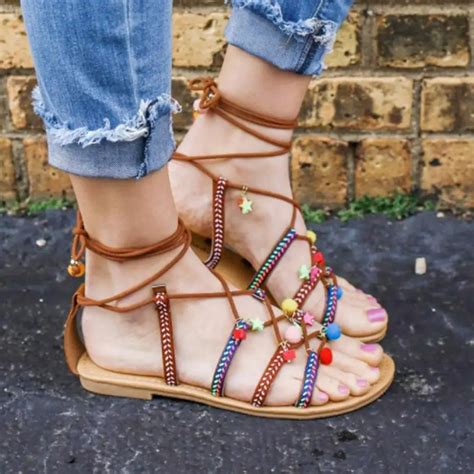 Women Bohemia Sandals Gladiator Leather Sandals Flats Shoes Pom Pom