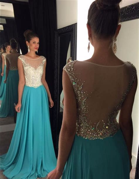 Royal Blue Turquoise Prom Dress With Sheer Back Backless Prom Dresses