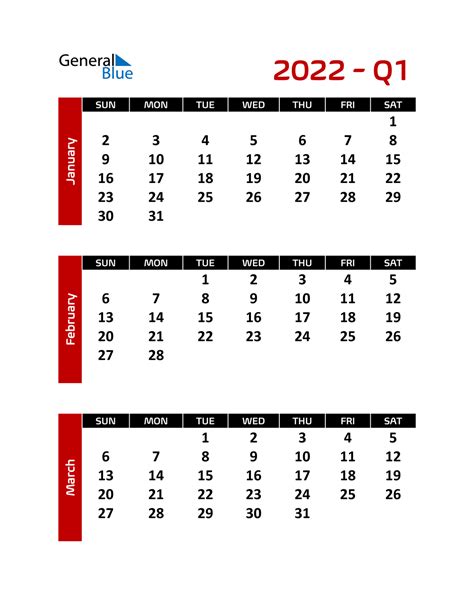 Q1 2022 Quarterly Calendar Pdf Word Excel