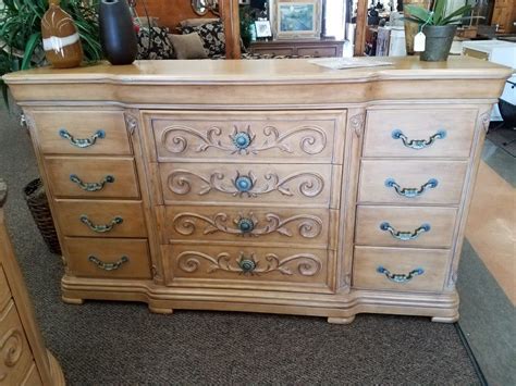 Your cherry bedroom set there's going to be a. Blonde color wood scroll front dresser | Antique dresser ...