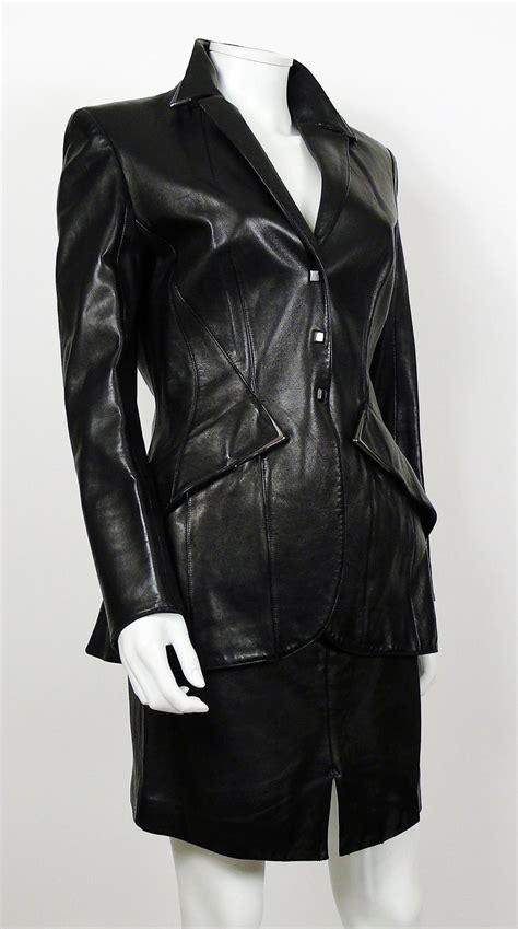 Thierry Mugler Couture Vintage Black Lambskin Leather Skirt Suit For