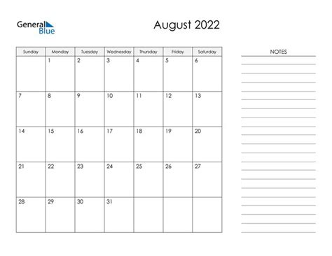 The August 2012 Calendar Is Shown In This Printable Version With Notes