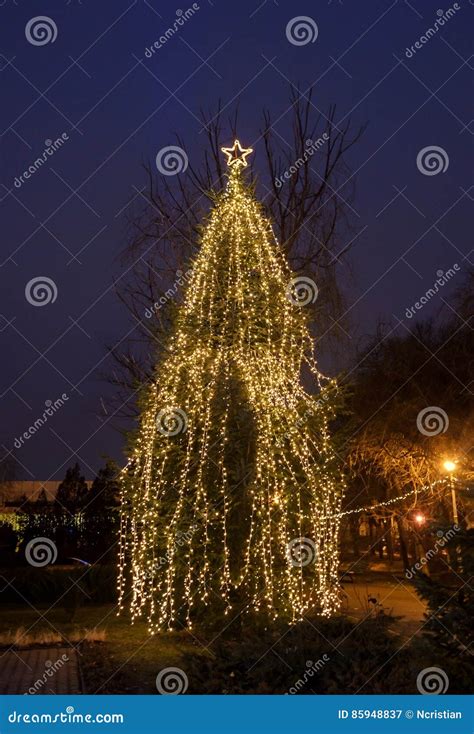 Colored Lighted Christmas Tree With Ornaments Outdoor Night Time Stock