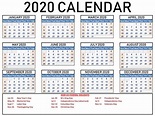 Get Free Printable 2020 Calendar With Holidays | Calendar Printables ...