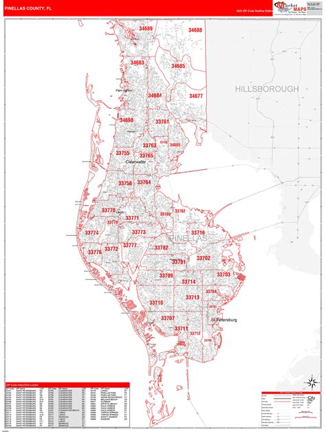 Pinellas County Fl Zip Code Wall Map Red Line Style By Marketmaps