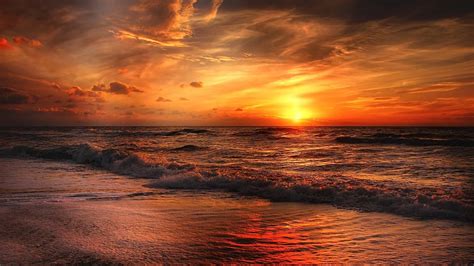 Beautiful Ocean Waves Under Orange Cloudy Sky During Sunrise 4k Hd