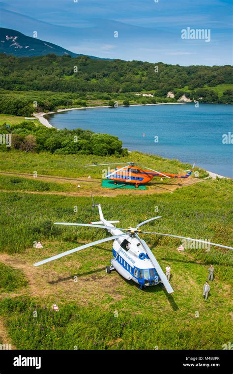 Aerial View Of Helicopters Next To The Kurile Lake Hi Res Stock
