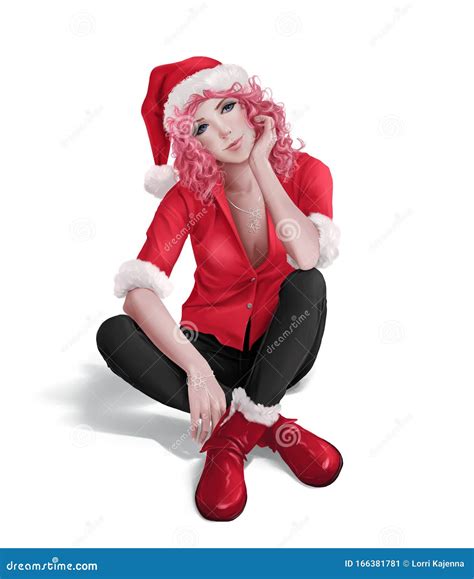 a girl in a santa claus costume is sitting on the floor watercolor drawing stock illustration
