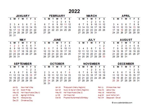 2022 Year at a Glance Calendar with Malaysia Holidays  Free Printable