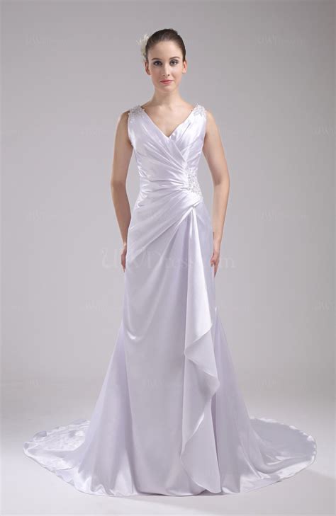 White Elegant Church Sheath V Neck Zipper Silk Like Satin Ruching