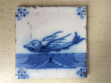 Nautical Marine Antique Blue And White Dutch Delft Pottery Tile