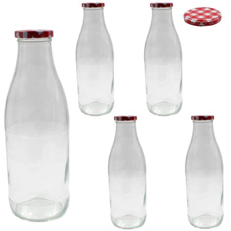 5x Clear Retro Glass Milk Bottles Gingham Lids 1 Litre From