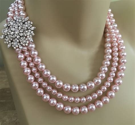 Blush Pearl Necklace Set With Brooch Multi Strands Rosaline Etsy Pink Pearl Earrings Pink