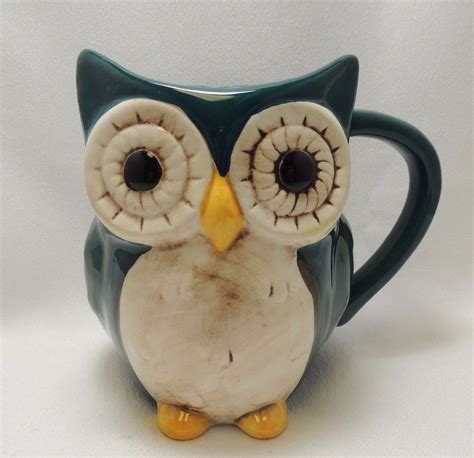 Adorable Owl Coffee Mug Cup 16 Oz Figural 3 D Green Hand Painted Cute